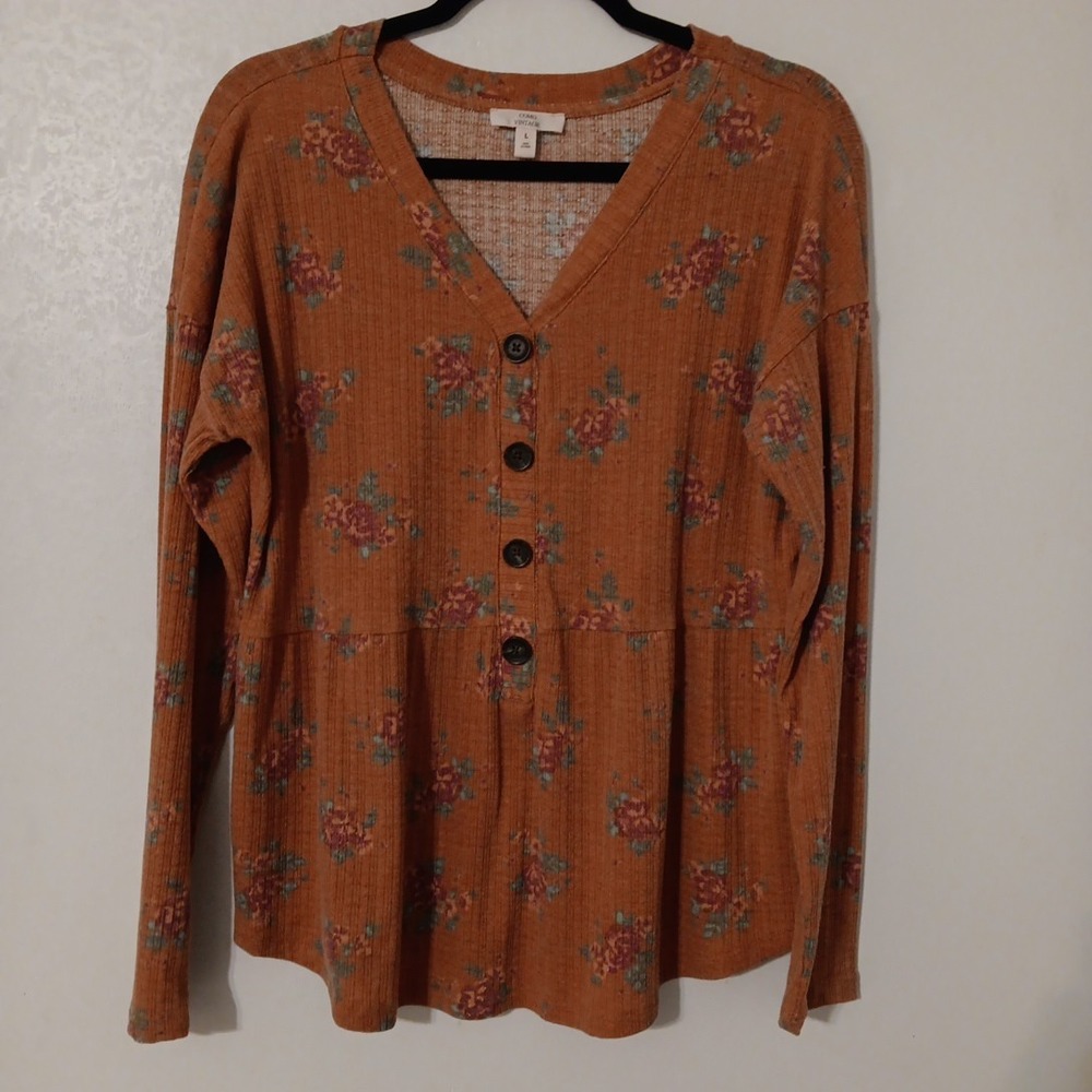 Como Vintage Women's Babydoll Blouse Sz L Long Sleeved Peach Floral Button Front